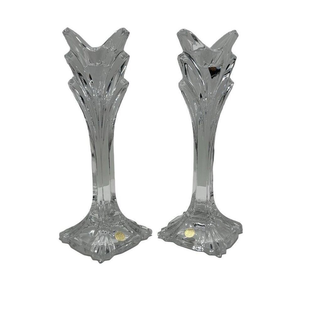Set Of 2 Vtg Slovakia Lead Crystal Candle Holders Clear Art Glass Candlesticks